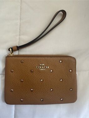 Coach Brown Pebbled Leather Wristlet with Crystal Studs